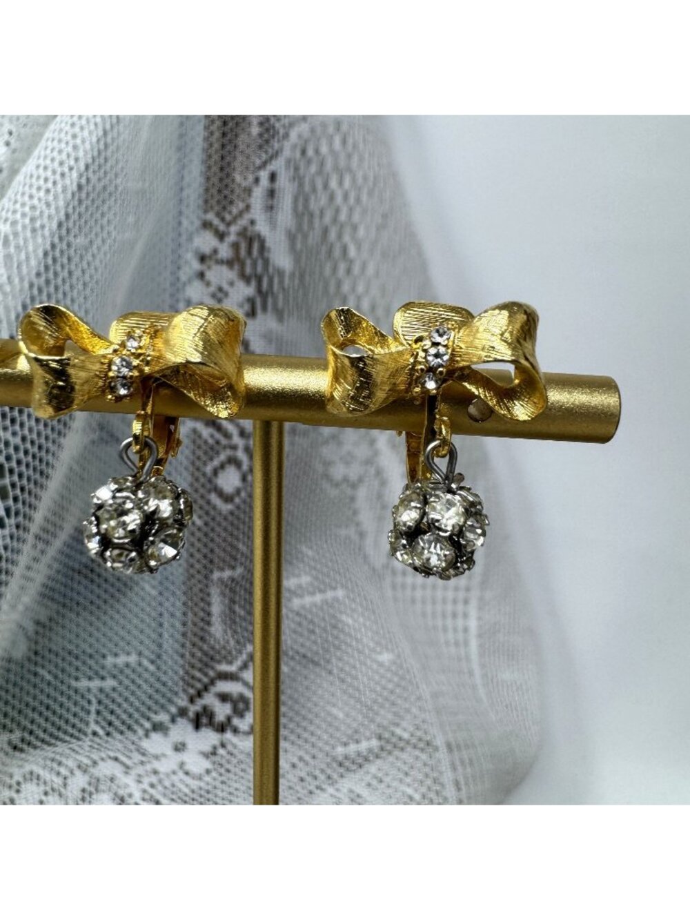 Gold-Tone Bow Clip-On Earrings With Rhinestone Dangles Vintage